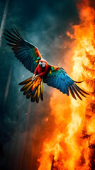 macaw running away from fire, forest on fire, generative ai