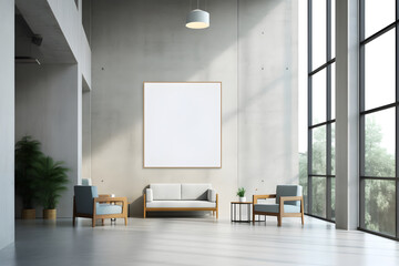 Rectangular frame poster mockup, on light concrete wall in the waiting room of the hospital with modern scandinavian style furniture and big window, loft interior decoration. Generated AI.