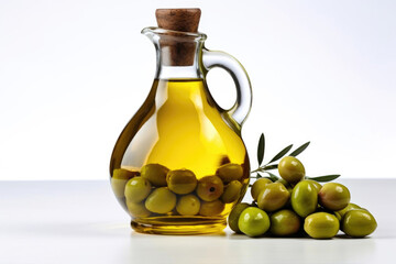 A Splash of Health: Glass Jug Filled with Olive Oil and Olives. Generative AI