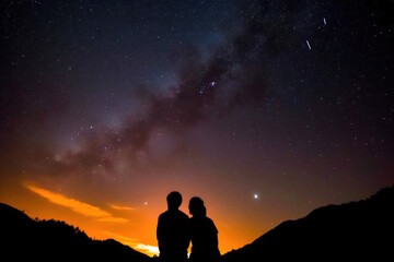 Couple looking at a sky full of stars. Generative AI