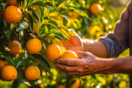 Close up of farmer male hands picking orange or mandarin fruits. Organic food, harvesting and farming concept. Generated AI.