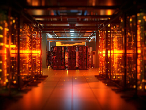 Hightech-Serverraum mit leuchtenden, komplizierten, massiven, hochmodernen und sicheren Ger&auml;ten, mit generativer KI erstellt