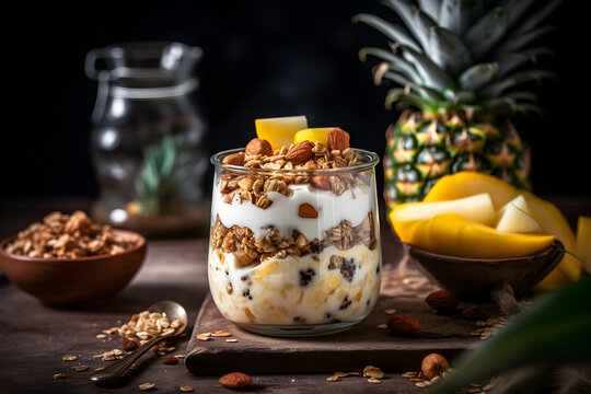Yogurt granola parfait with sliced nuts and fresh pineapple fruits in a glass jar on dark background. Generative AI.