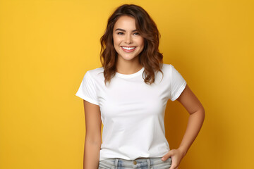 Young woman wearing bella canvas white shirt mockup, at yellow background. Design tshirt template, print presentation mock-up. AI generated.