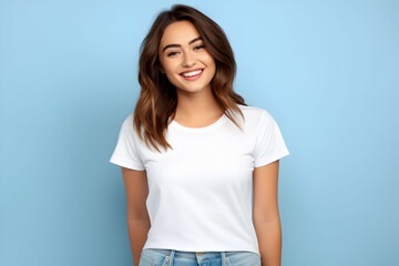 Obraz premium Young woman wearing bella canvas white shirt mockup, at blue background. Design tshirt template, print presentation mock-up. AI generated.