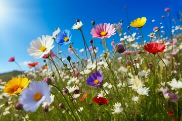 Fototapeta na wymiar Flower Meadow in Spring with Clear Blue Sky. Generative ai