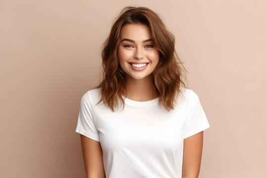 Young woman wearing bella canvas white shirt mockup, at beige background. Design tshirt template, print presentation mock-up. AI generated.