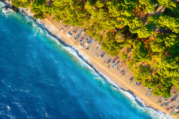 View from the air on the beach. Aerial view. Rest on the beach. Sea relaxation and travel. The forest near the sea. Azure water on the sea. A bright sunny day during a summer vacation.