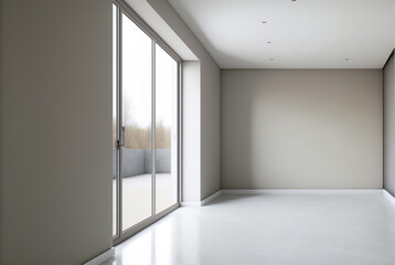 the interior of an empty room with a large window and access to a balcony, Generative AI