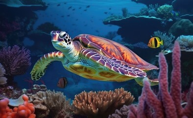 Obraz na płótnie Canvas A large turtle swims in the ocean among bright algae and corrals. Generate Ai Generative AI