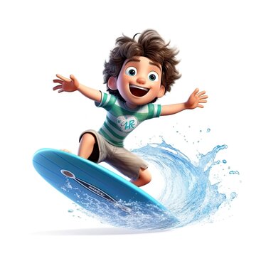 Cute boy 3D style, surfing the waves - created with Generative AI technology