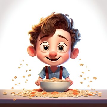 Cute boy 3D eating breakfast, dinner - created with Generative AI technology