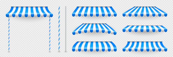 Blue shop sunshade with stand holders. Realistic striped cafe awning. Outdoor market tent. Roof canopy. Summer street store. Vector illustration