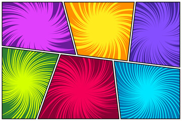 Colorful twisted comic book radial rays, lines. Comics background with motion, speed lines. Pop art style elements. Vector illustration