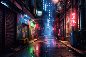 Fototapeta na wymiar City alleyway with neon lights. Night view of a quiet street. Generative AI