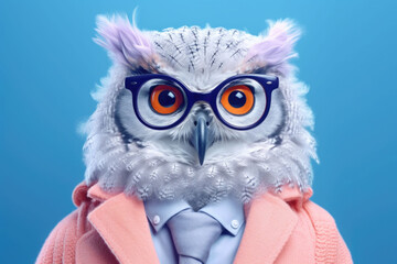 Portrait of intelligent owl wearing a pair of glasses and a tie. Bright colors. Generative AI