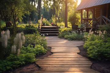 Wooden path in garden leading to cottage. Generative AI