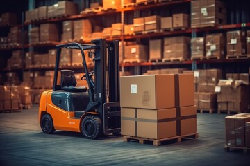 photo of Large cardboard boxes are lifted by forklift Generated AI