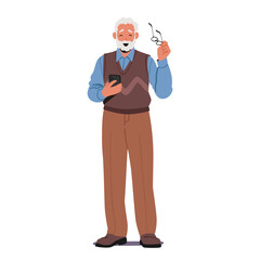 Elderly Man With Joyful Smile, Wearing Glasses, Holding Smartphone. Male Character Radiating Positivity