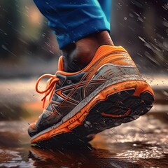 A running shoe in the rain