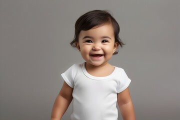 Baby wearing white shirt bodysuit mockup, at gray background. Design onesie template, print presentation mock-up. AI generated.