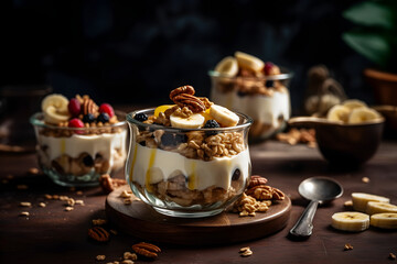 Obraz premium Yogurt granola parfait with sliced nuts, fresh banana fruits and berries in a glass jar on dark background. Generative AI.