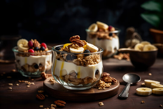 Yogurt granola parfait with sliced nuts, fresh banana fruits and berries in a glass jar on dark background. Generative AI.