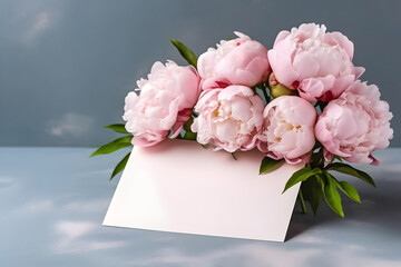Obraz na płótnie Canvas Blank greeting card mockup with garden peonies on pastel blue background. Summer template composition with flowers and copy space. AI generated.