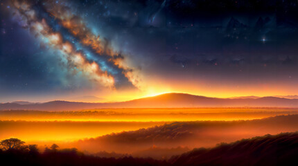 Fototapeta na wymiar A view of an African savanna mountain range with a bright orange glow in the sky
