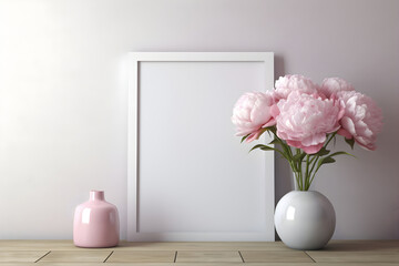 Frame poster mockup, scandinavian style interior with peony flowers in a vase and home decoration on empty neutral white wall background. Generated AI.