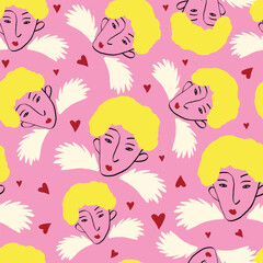 fancy angels and heart Valentines Day pattern. Illustration in a doodle style