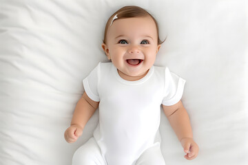 Baby wearing white shirt bodysuit mockup, at white bed background. Design onesie template, print presentation mock-up. Top view. AI generated.