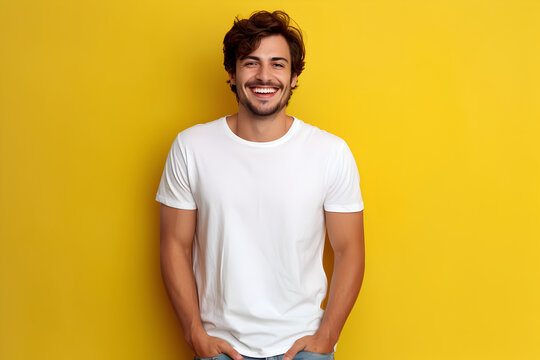 Young Man Wearing Bella Canvas White Shirt Mockup, At Yellow Background. Design Tshirt Template, Print Presentation Mock-up. AI Generated.