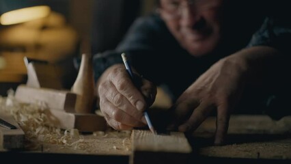Lumber, civil engineer Carefully marks marks with a pencil draws a line In the woodworking shop General angle Young expert Is at the workplace at the table At the workplace, carpentry tools
