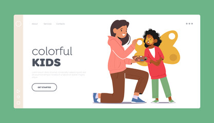 Colorful Kids Landing Page Template. Woman Animator Painting Child Face, Creating Smiles And Transforming Into Butterfly