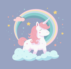 Cute unicorn on the background of the sky with clouds. Vector illustration