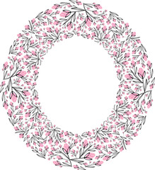 Oval pink vibrant floral frame, bright frame with pink tulip flowers