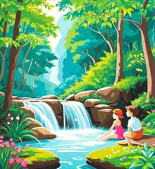 Obraz na płótnie Canvas A forest grove, children playing in a small waterfall, nature, summer vacation, Generative AI Art Illustration 09