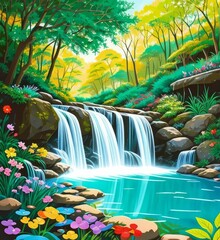 A forest grove, a small waterfall, nature, summer vacation, Generative AI Art Illustration 07