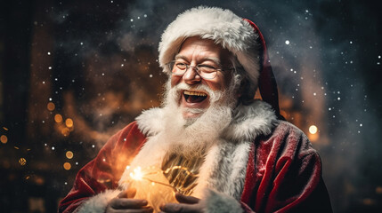 Close up portrait of smiling Santa Claus looking at camera,  Created using generative AI tools.