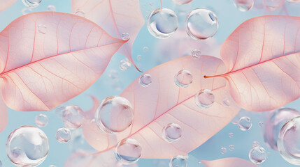 Transparent water drops, dew and pink leafs. Gentle abstract background, Generative AI. Purity, beauty in nature - obrazy, fototapety, plakaty