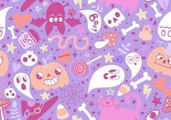 Cartoon Halloween seamless pumpkins and skulls and ghost and cat pattern for wrapping paper and fabrics