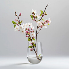 Spring flowers in glass vase still life. Blooming cherry branch on light background, Generative AI