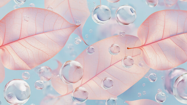 Transparent water drops, dew and pink leafs. Gentle abstract background, Generative AI. Purity, beauty in nature
