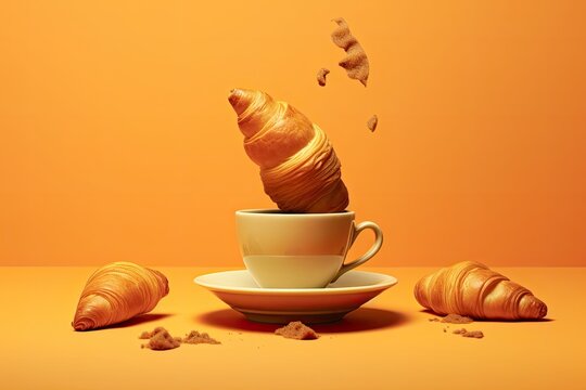 Coffee cup and croissant flying on orange background. Created with Generative AI tools