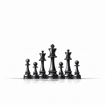 World Chess Day. Image of black chess pieces on a chessboard. International Chess Day. July 20. Side view. Closeup. White background. Focus on the back figures. Ai generated