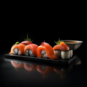 sushi succulento su vassoio nero , sfondo nero , presentazione odinata , uova di pesce volante, salmone riso e tonno, ideale per menu scenografico, creata con ai
