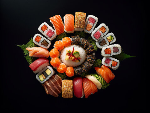 sushi succulento su vassoio nero , sfondo nero , presentazione odinata , uova di pesce volante, salmone riso e tonno, ideale per menu scenografico, creata con ai