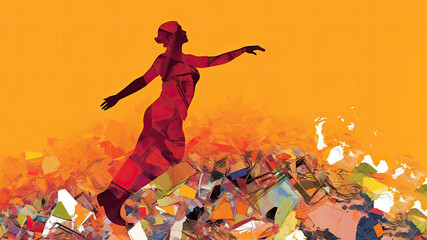 Concept of recycling waste, abstract creative illustration, red silhouette of a woman in a landfill, yellow background. AI generated