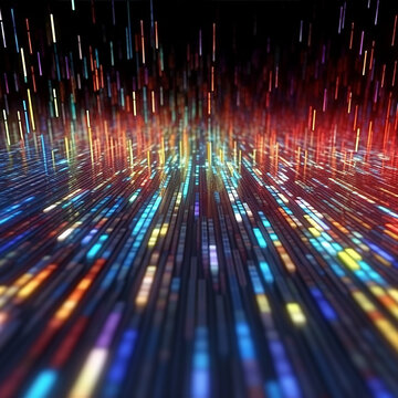 
Fasci di luce colorati discendenti , dati riflessi su una superficie bagnata scura. Concetto astratto di flusso di informazioni digitali che scorre. illustrazione creata con intelligenza artificiale